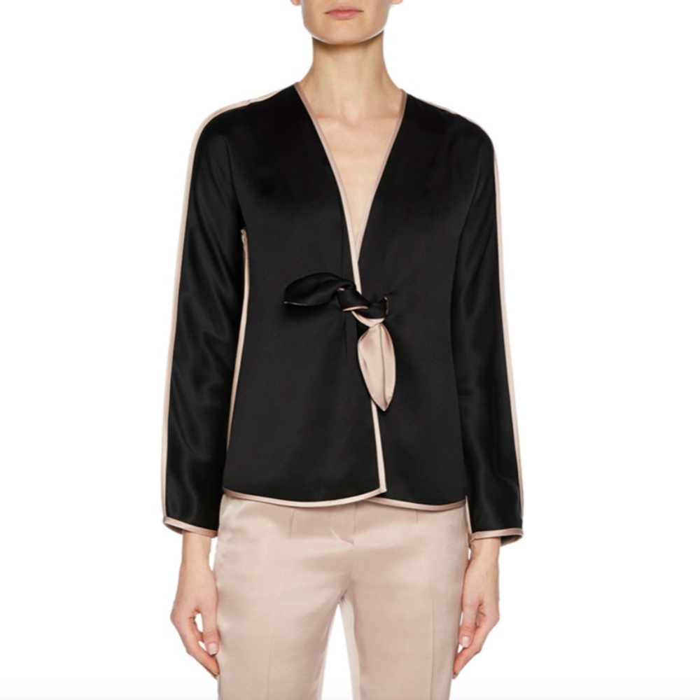 Giorgio Armani Prive Long-Sleeve Tie-Front Silk Satin Jacket with Tie-Waist